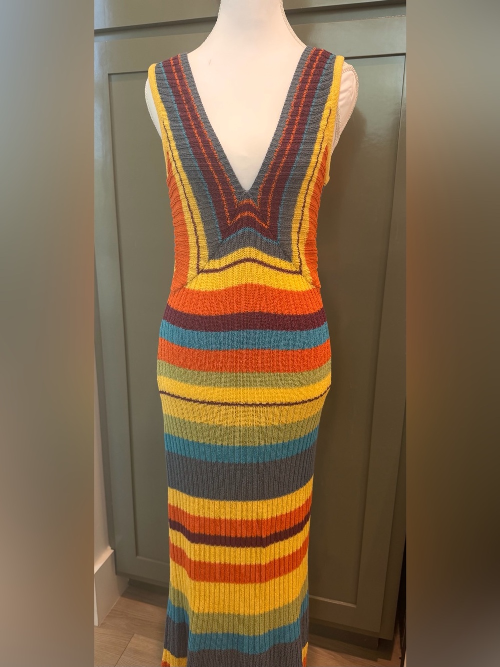 Multi-Stripe Knit V-Neck Women’s Dress in Orange, Yellow & Blue